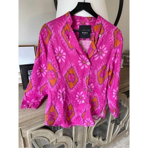 Bitte Kai Rand Bold Pink Design Button Down Quarter Sleeve - Picture 1 of 8